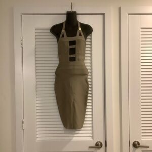 House of CB London Dress Womens Size S Tan Halter Bandage Cutout Bodycon Party
